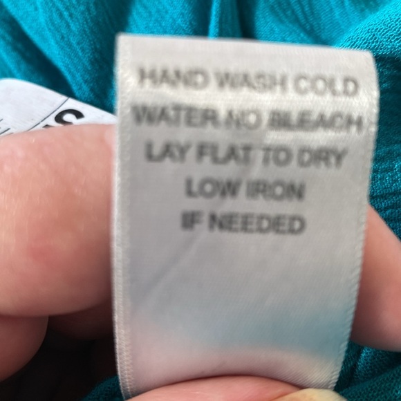 AVENUE TEAL TURQUOISE V-NECK PEASANT BLOUSE CRINKLE TOP PUFFED SLEEVES S… - Picture 6 of 9